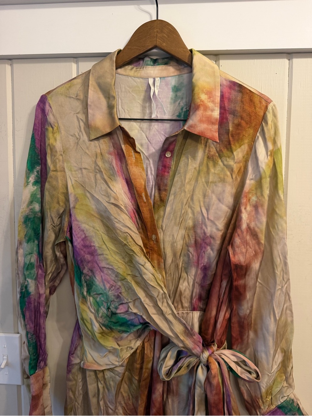 Anthropologie Multicolor Tie-Dye Midi Wrap Dress, Size Large - Picture 2 of 9